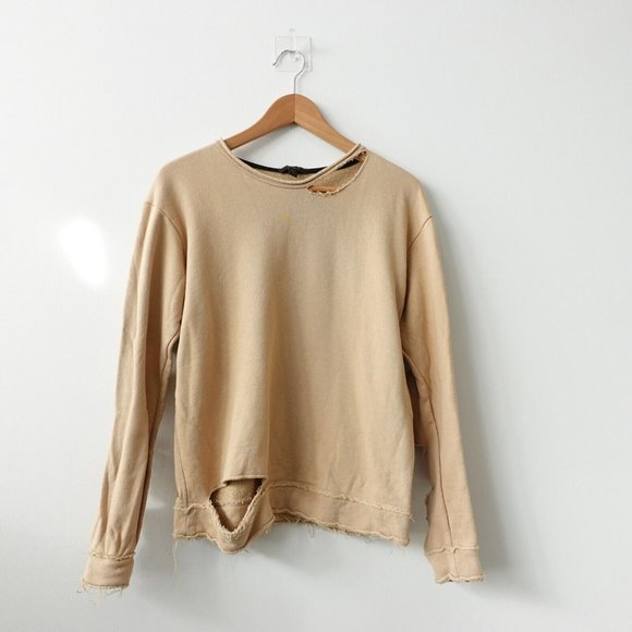 Distressed Camel Sweatshirt Womens XS Cut Out Ripped Pullover  ALALA Cypher USA - Picture 2 of 16